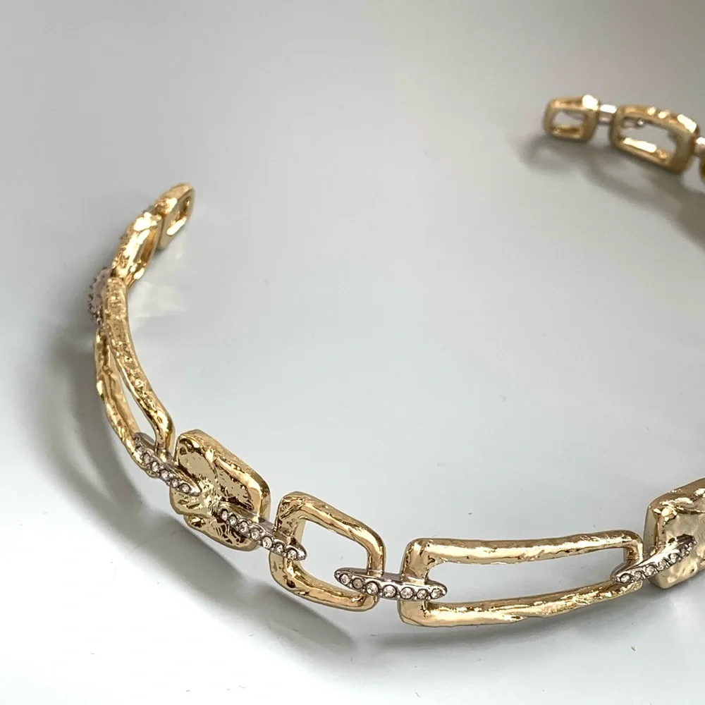 ALEXIS BITTAR • Gold Silver Chain Link Crystal Abstract Buckle Choker Necklace